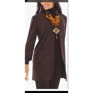 Chico's faux suede brown open-front jacket featuring 3/4 length sleeves size 3